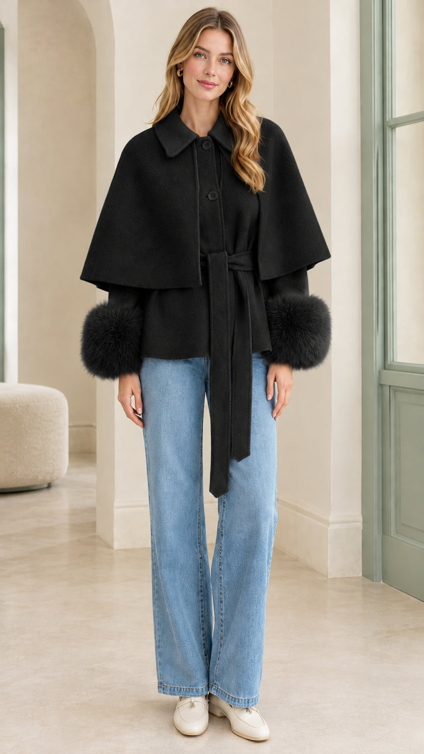 Model wearing Classic Black belted cape jacket with matching black faux fur cuffs