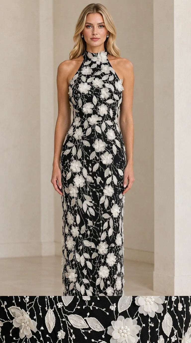 Black halter maxi dress with contrasting white 3D floral embroidery and appliques