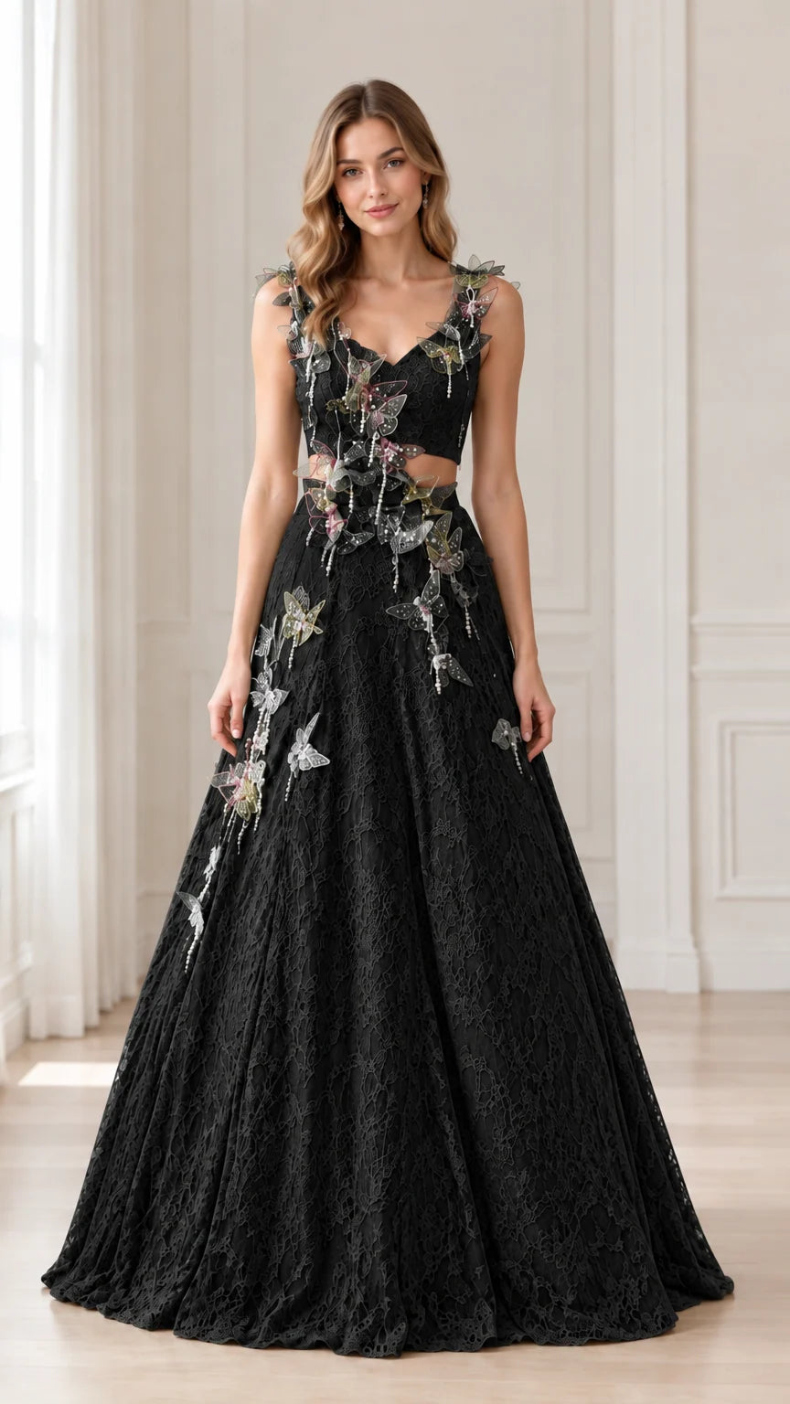Front view of woman wearing Black 3D butterfly lace cutout evening gown