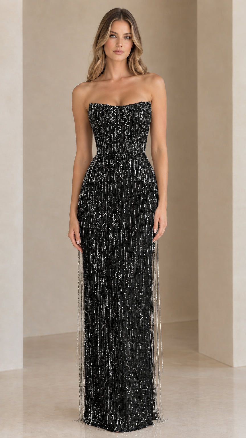 Front view of model wearing a black strapless beaded fringe evening gown