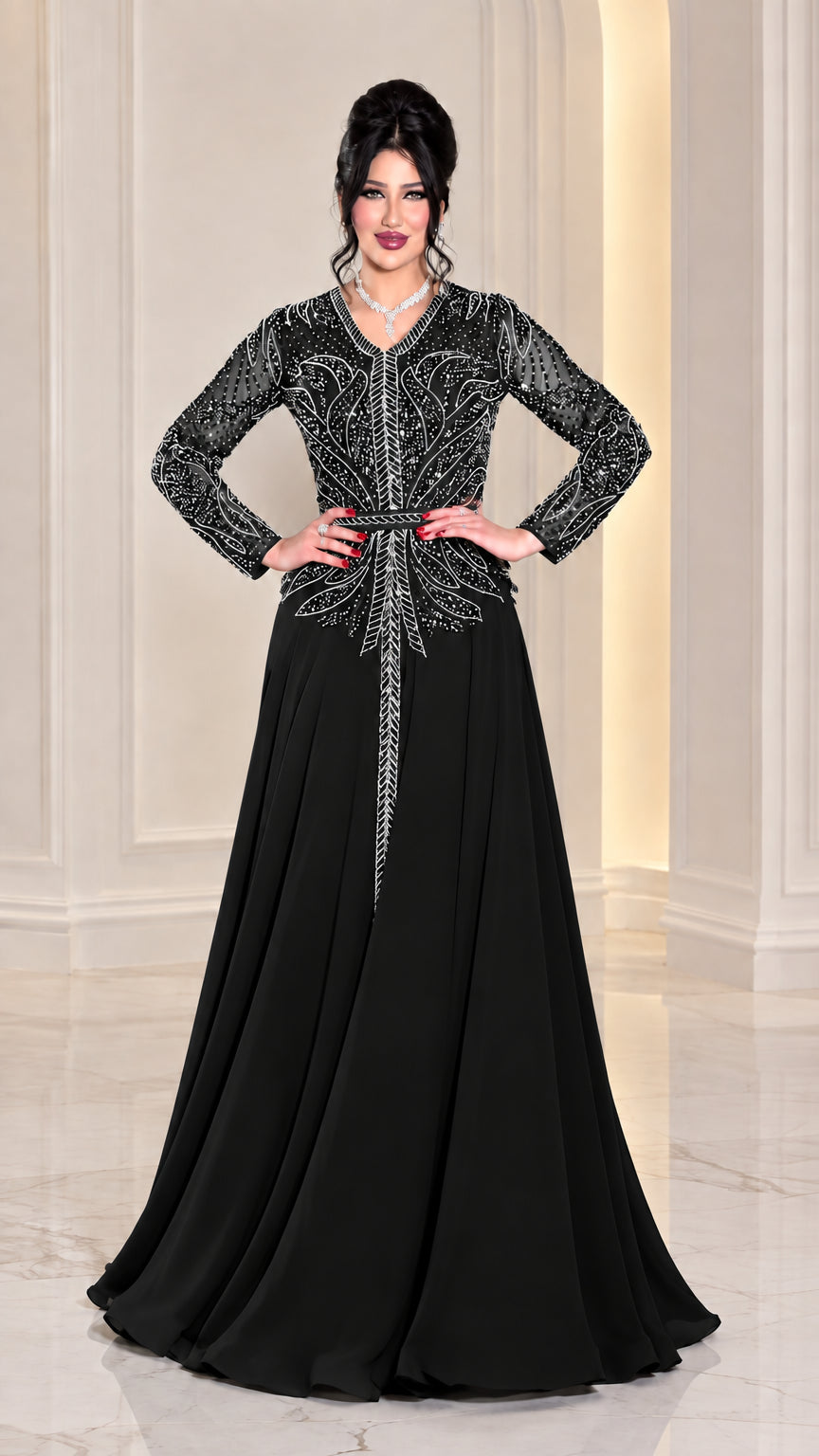 Classic black long sleeve beaded A-line formal evening gown