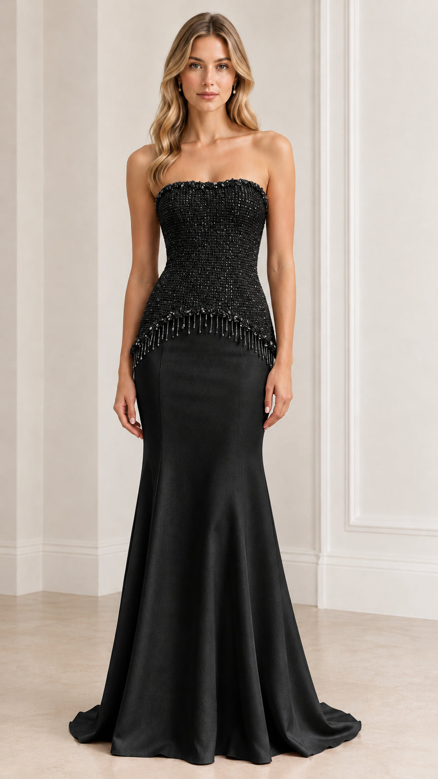 Full-length front view of the strapless tweed corset gown in Black