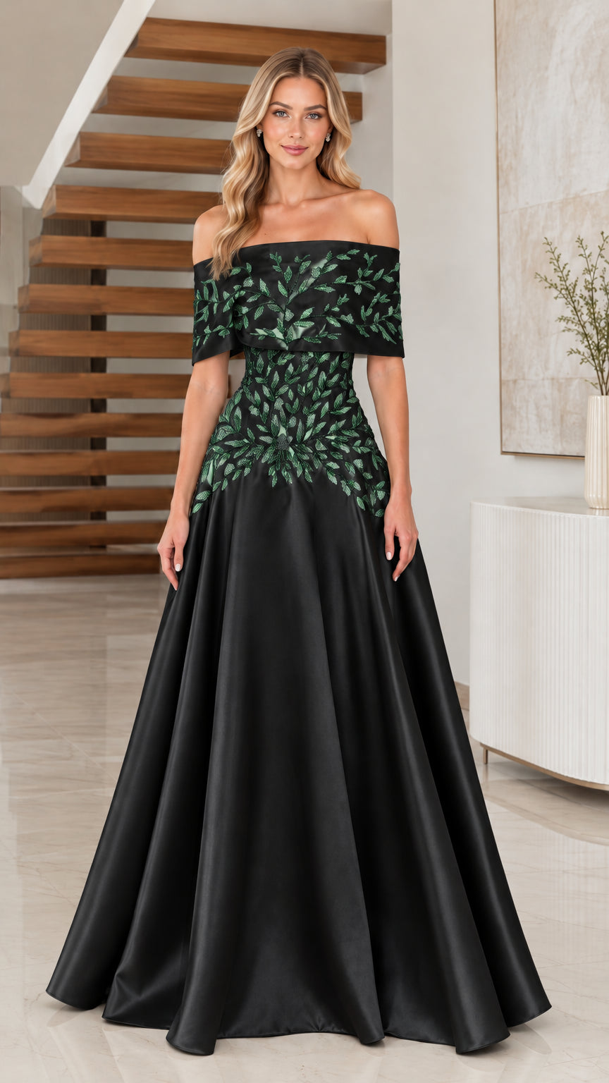 Black off-the-shoulder embroidered satin evening gown