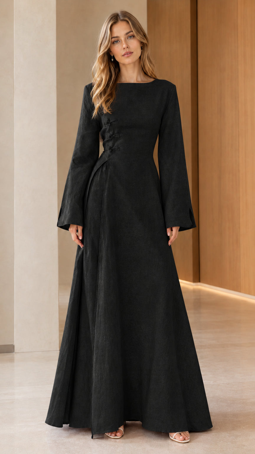 Model wearing Black boat neck jacquard maxi dress with knot accents