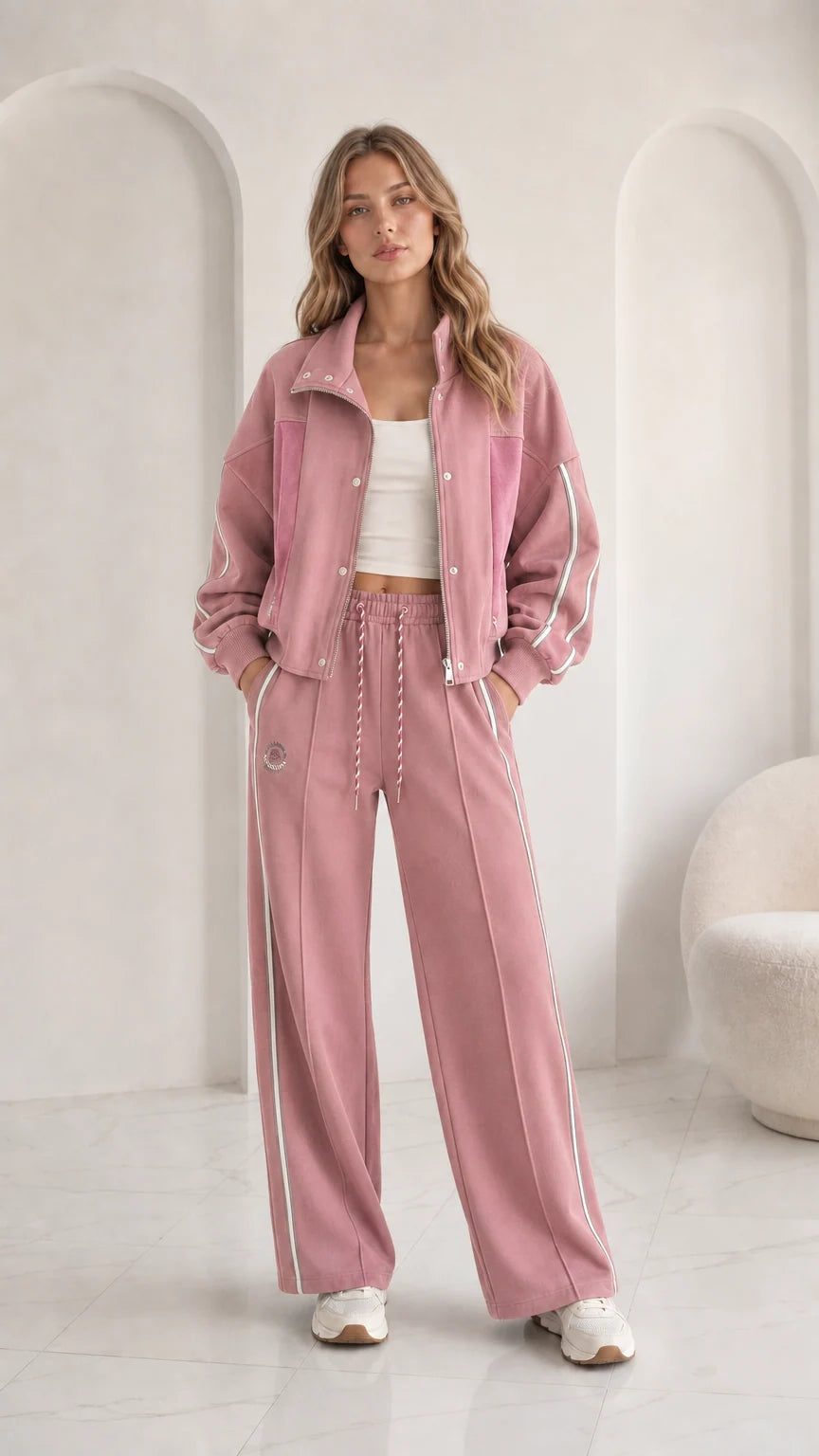Women's dusty pink 2-piece casual zip-up wide leg sweat suit