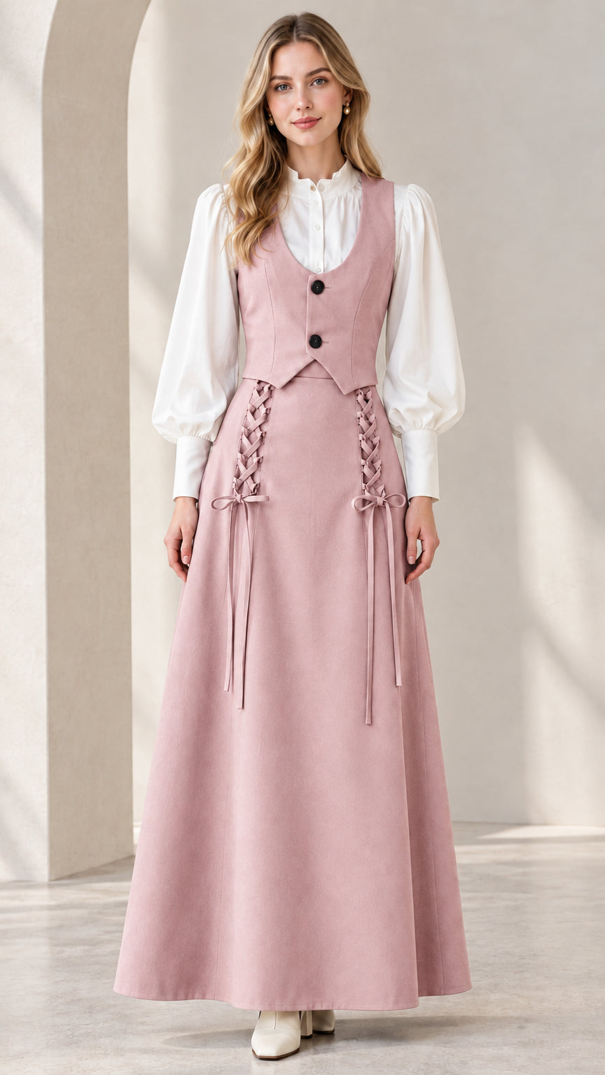 Full front view of dusty rose tailored vest and lace-up maxi skirt set