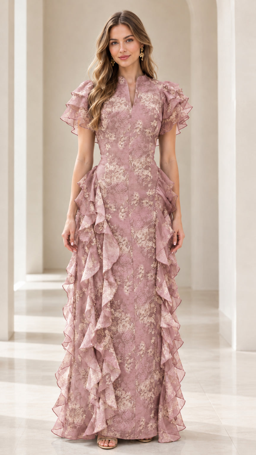 Full-length view of Dusty Rose floral maxi evening gown with flutter sleeves