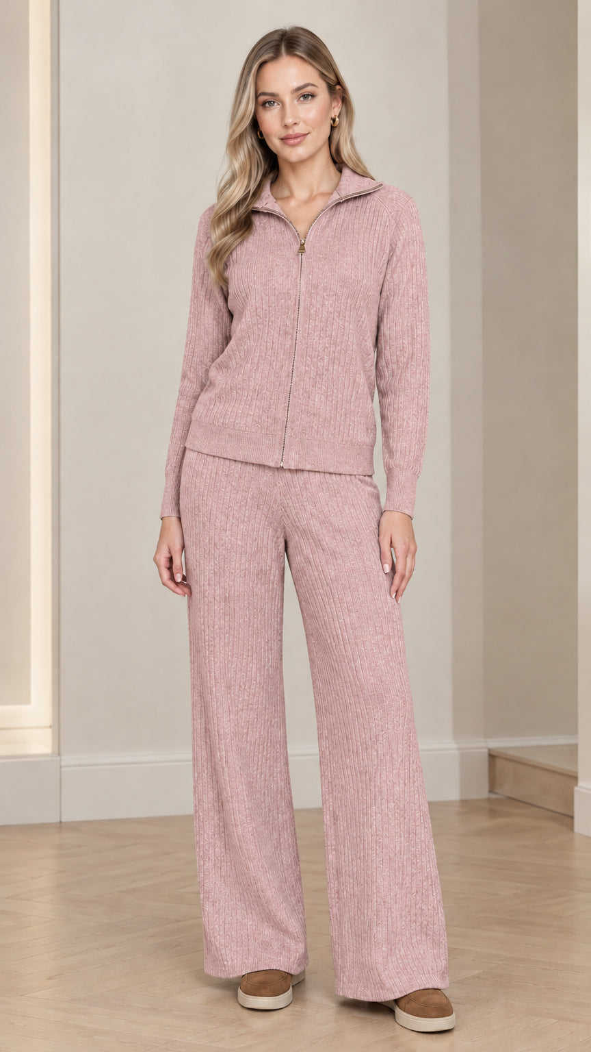Front full view of woman wearing Dusty Rose ribbed knit two-piece matching set