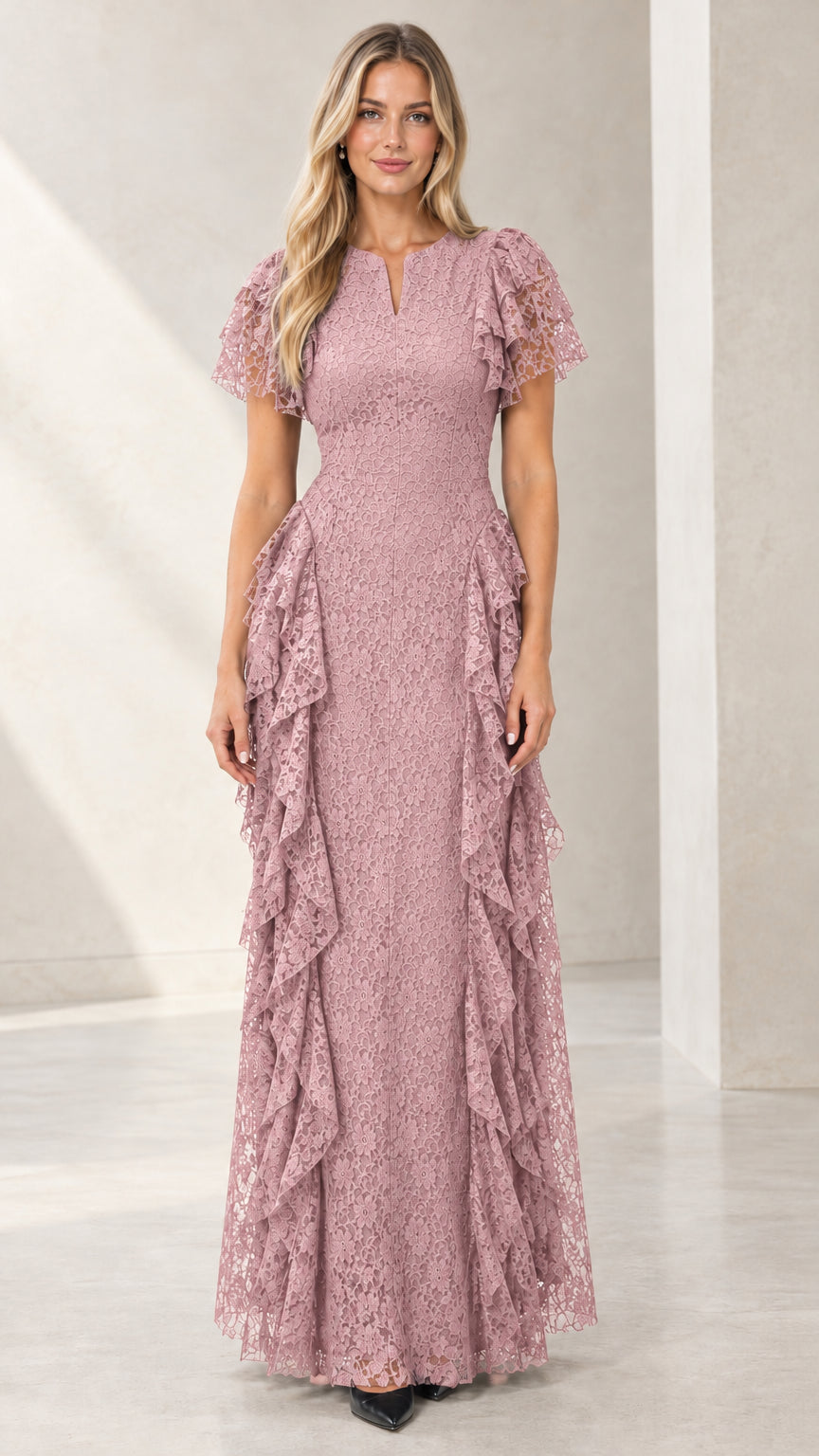 Woman wearing Dusty Rose floral lace tiered flutter sleeve maxi dress