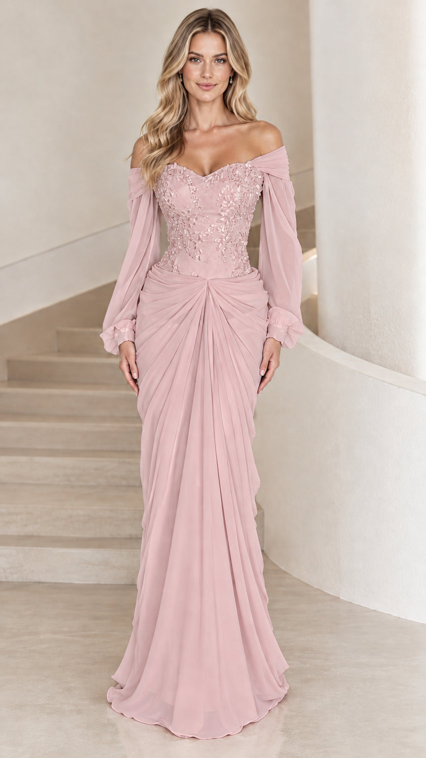 Front view of model wearing dusty pink off-the-shoulder lace chiffon formal gown