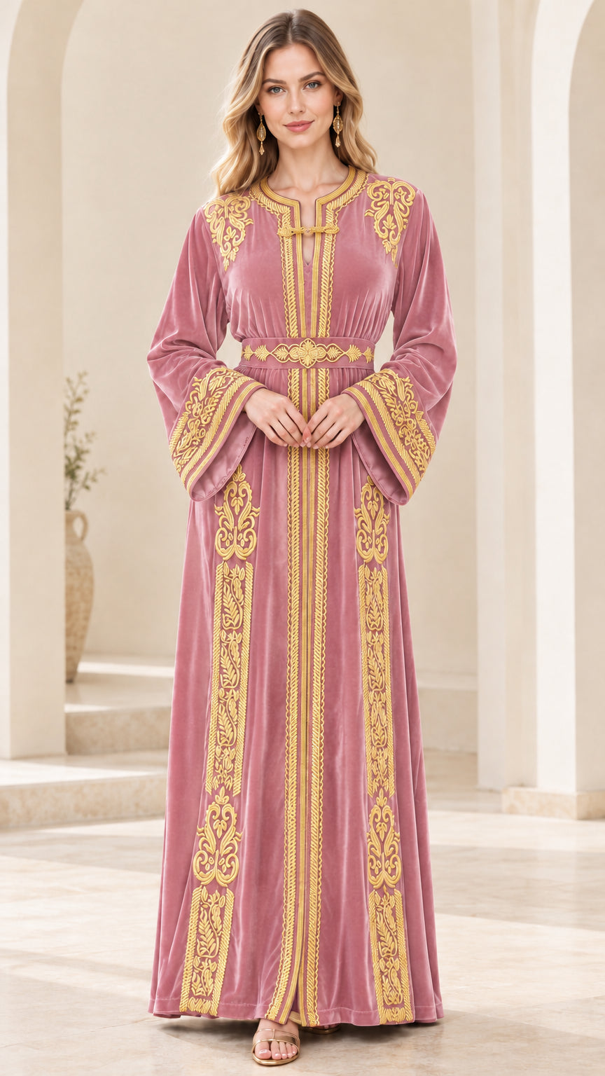 Dusty Pink velvet embroidered Moroccan kaftan maxi dress