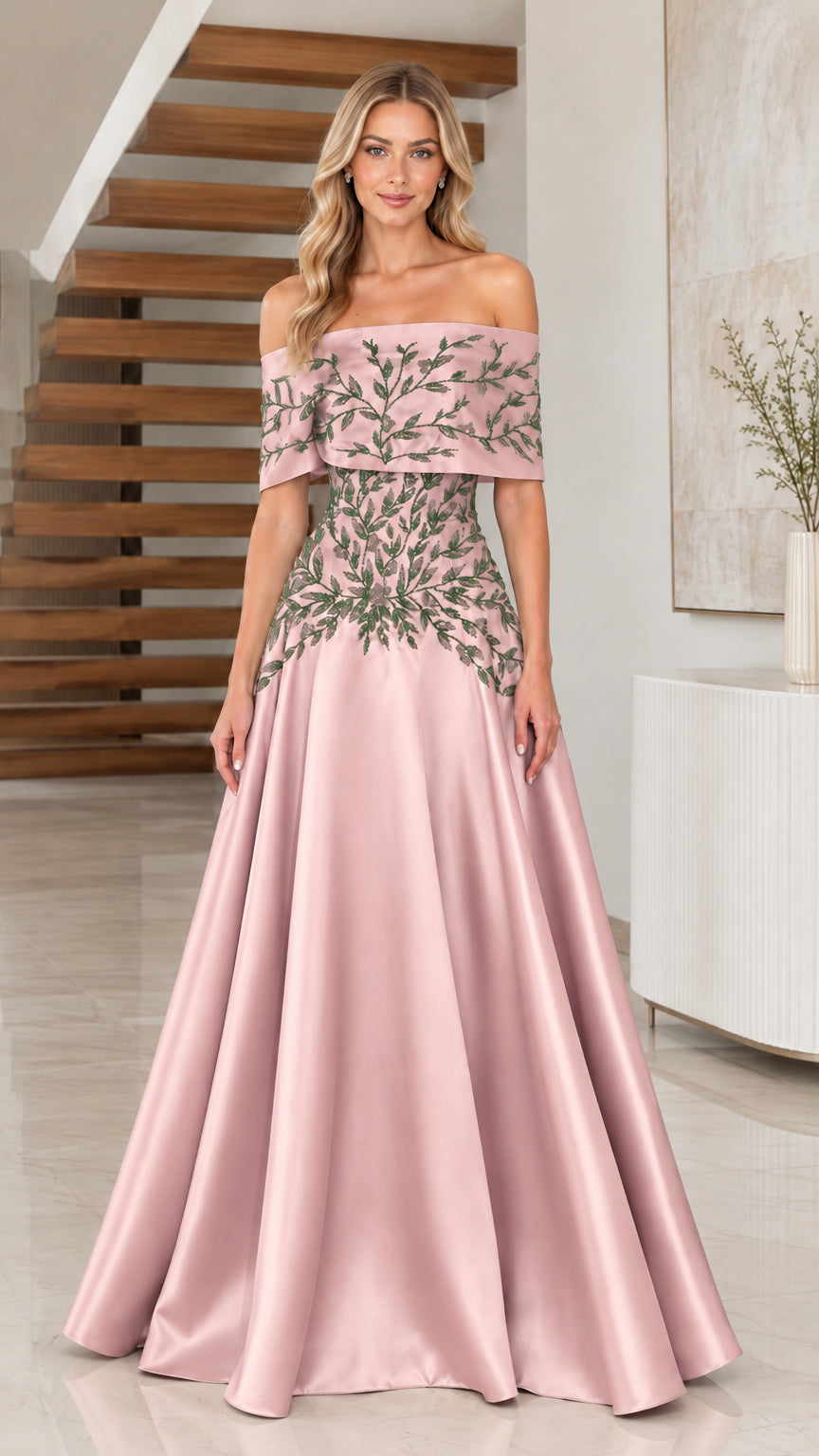 Blush Pink off-the-shoulder embroidered satin evening gown