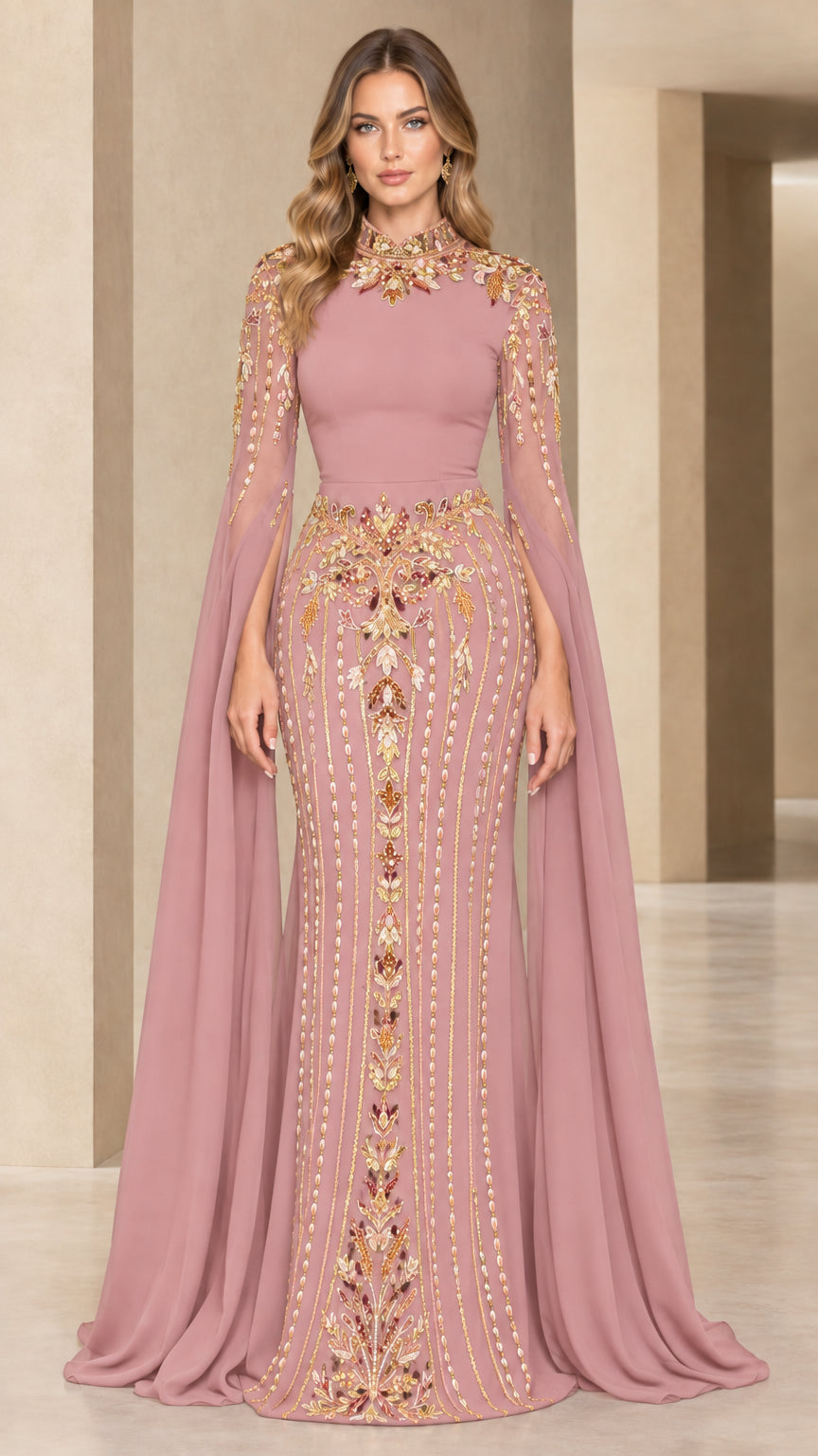 Dusty pink embellished cape sleeve mermaid evening gown