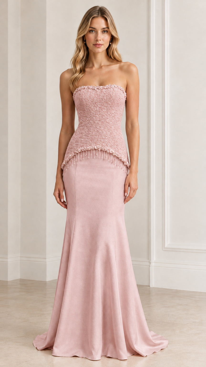 Full-length front view of the strapless tweed corset gown in Blush Pink