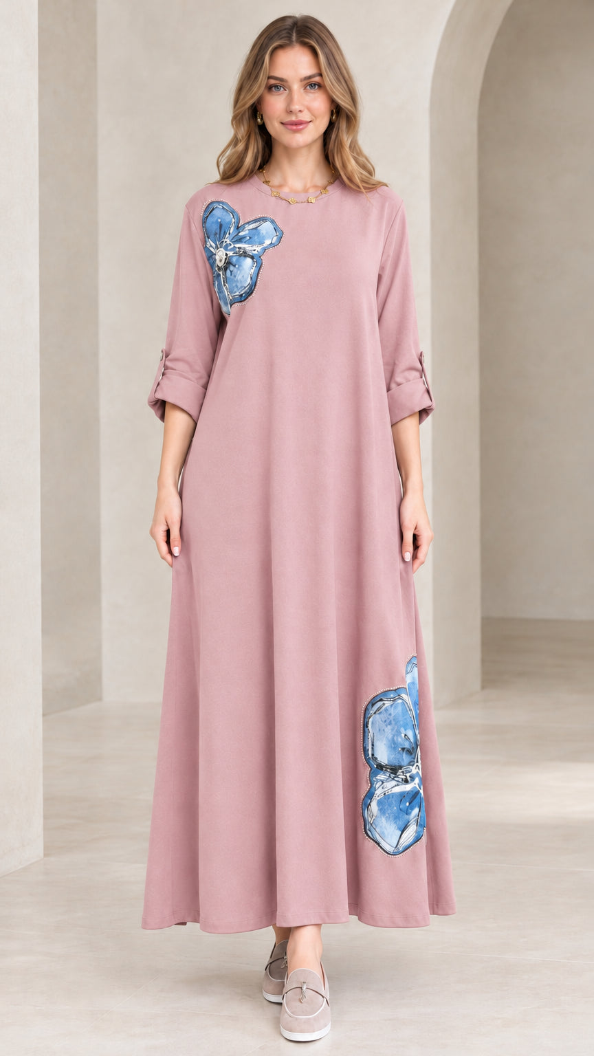 Model wearing dusty pink floral appliqué long dress