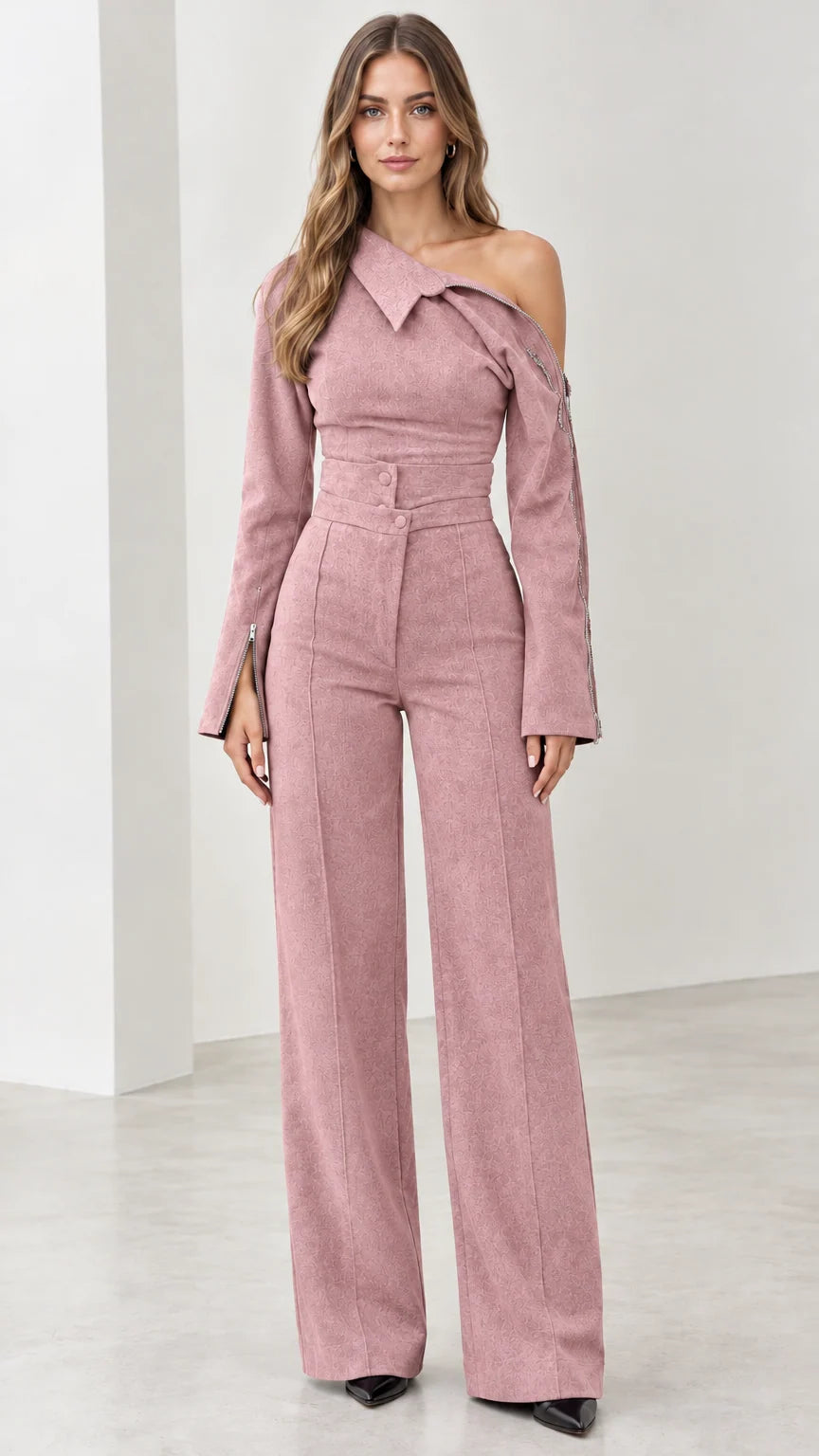 Front view of model wearing dusty rose asymmetric wide-leg jumpsuit
