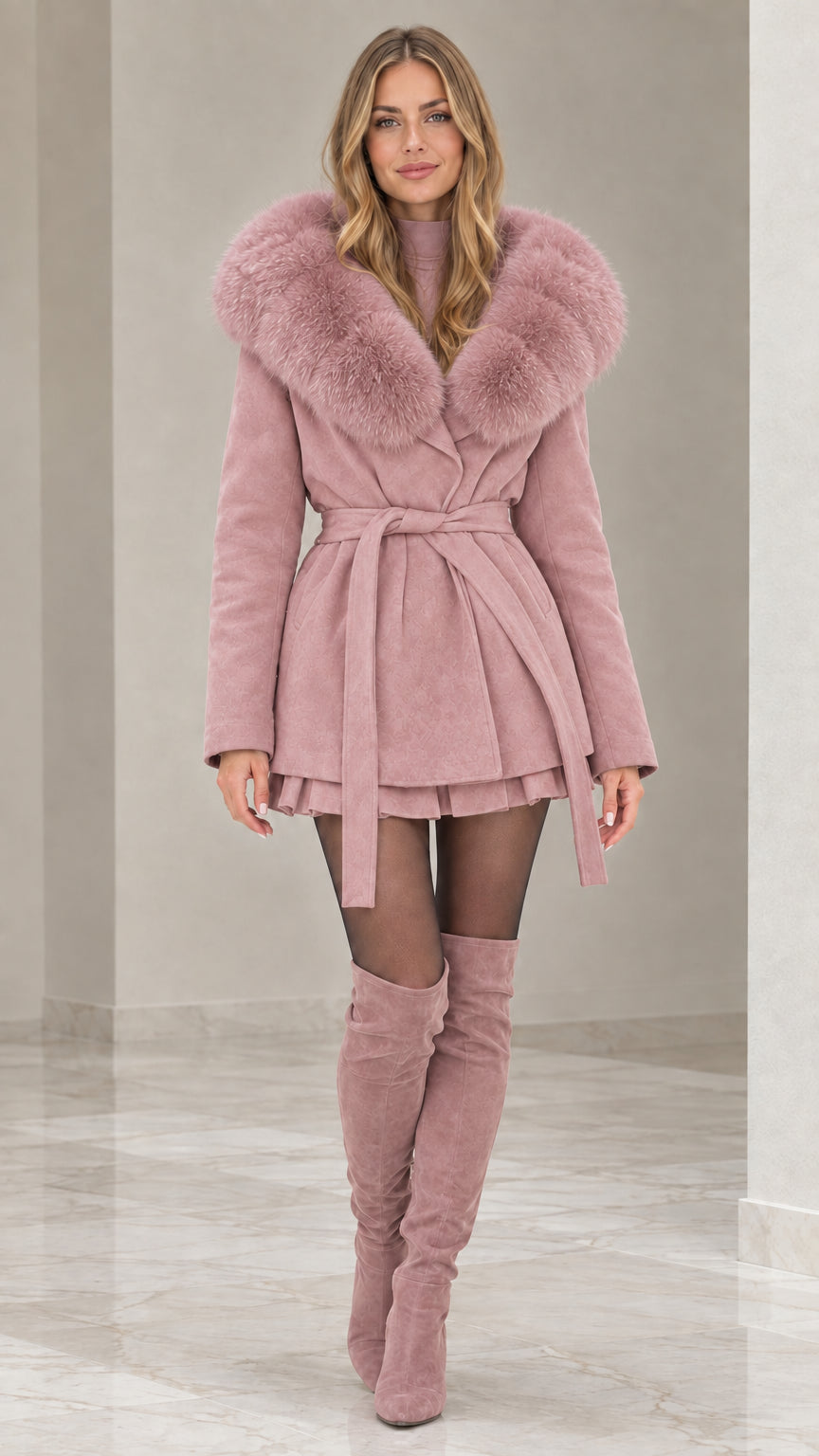 Front view of model wearing dusty pink faux fur hooded belted coat with matching pink boots