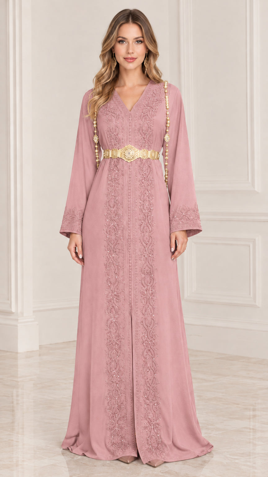 Dusty pink embroidered long-sleeve kaftan maxi dress