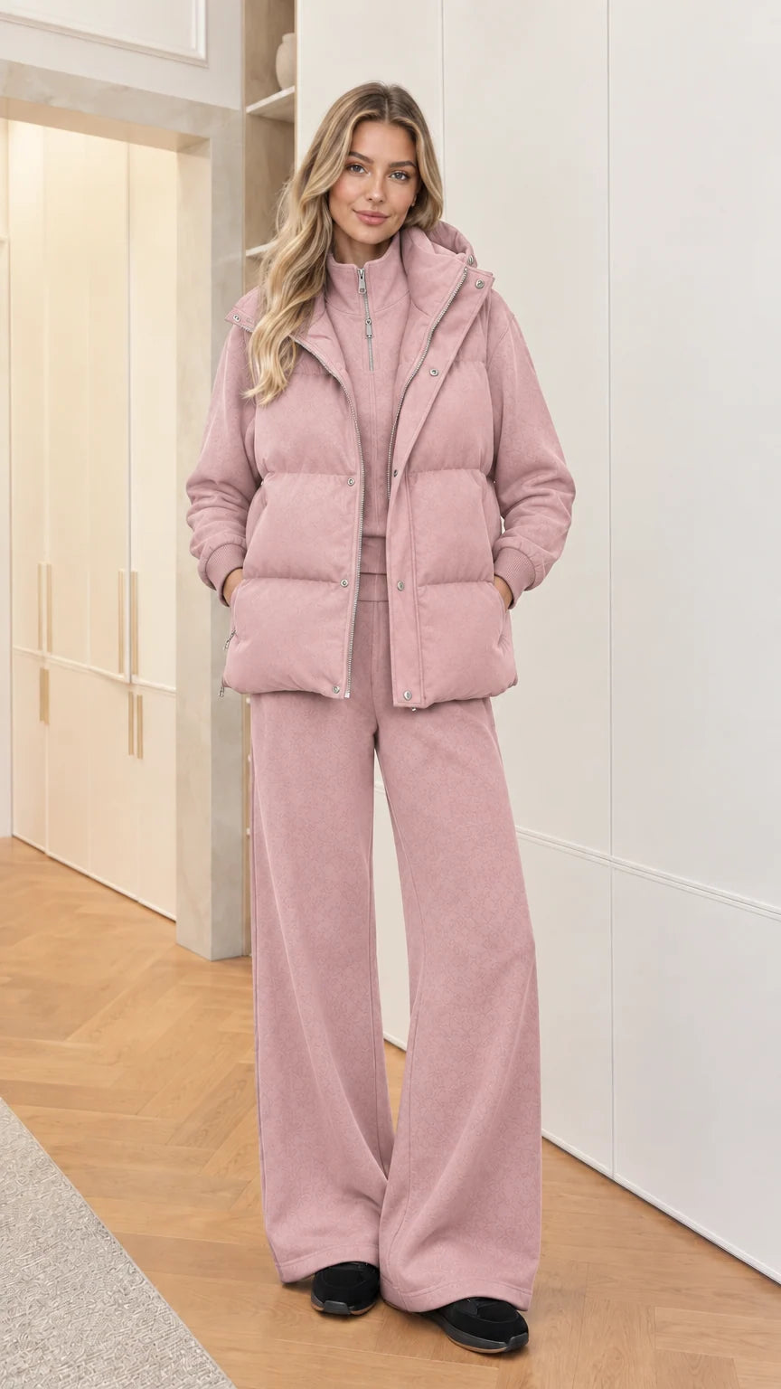 Women's 3-piece hooded puffer vest and lounge set in Dusty Pink