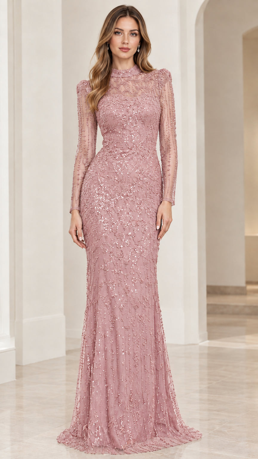 Dusty pink sequined long-sleeve evening gown on model