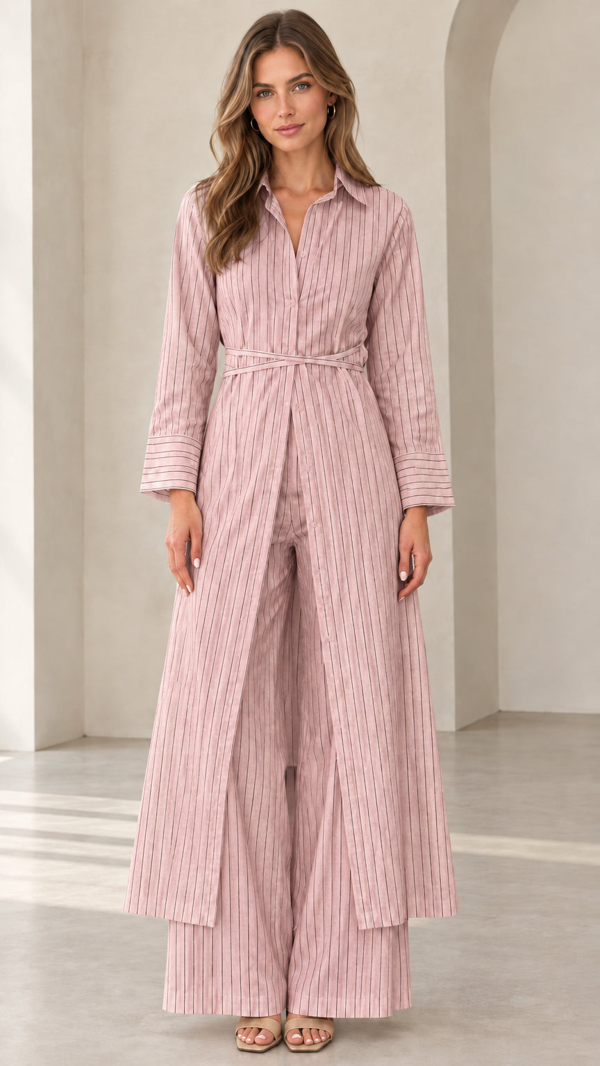 Woman wearing Dusty Pink pinstripe longline tunic and wide-leg pant two-piece set