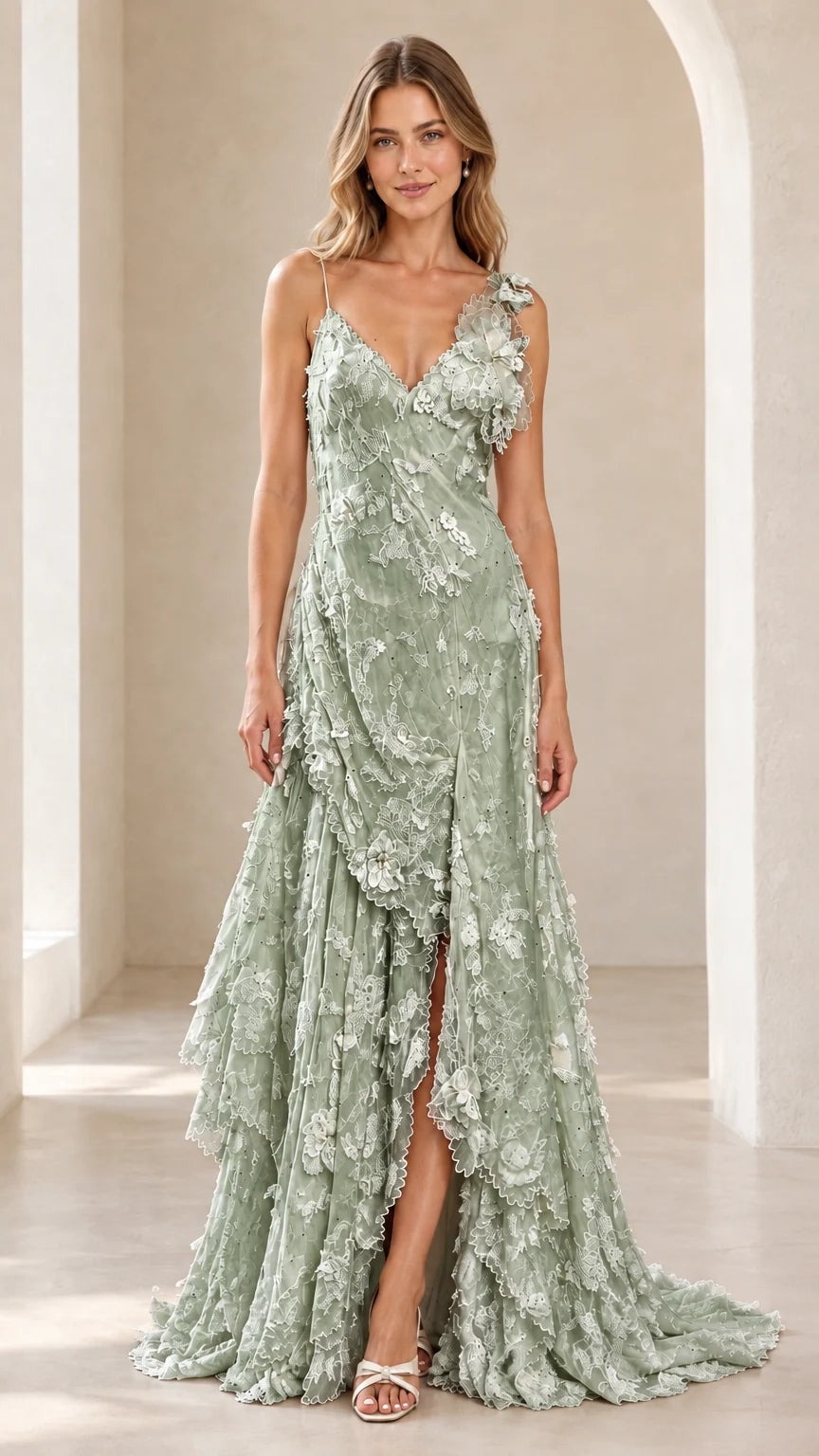 Front view of model wearing the sage green 3D floral tiered lace maxi evening dress