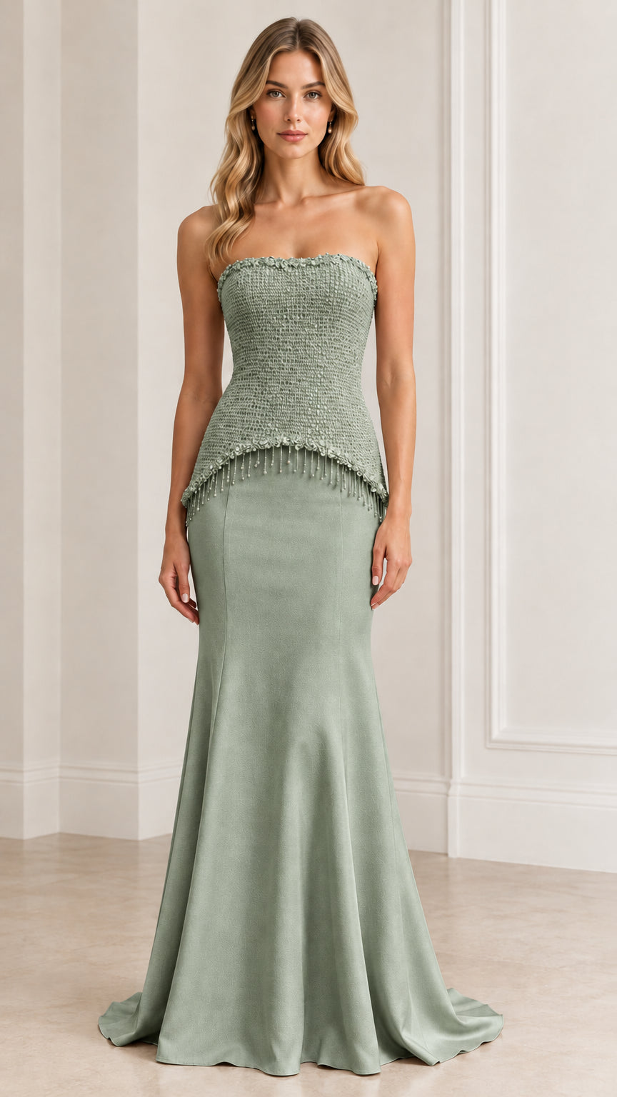 Full-length front view of the strapless tweed corset gown in Sage Green