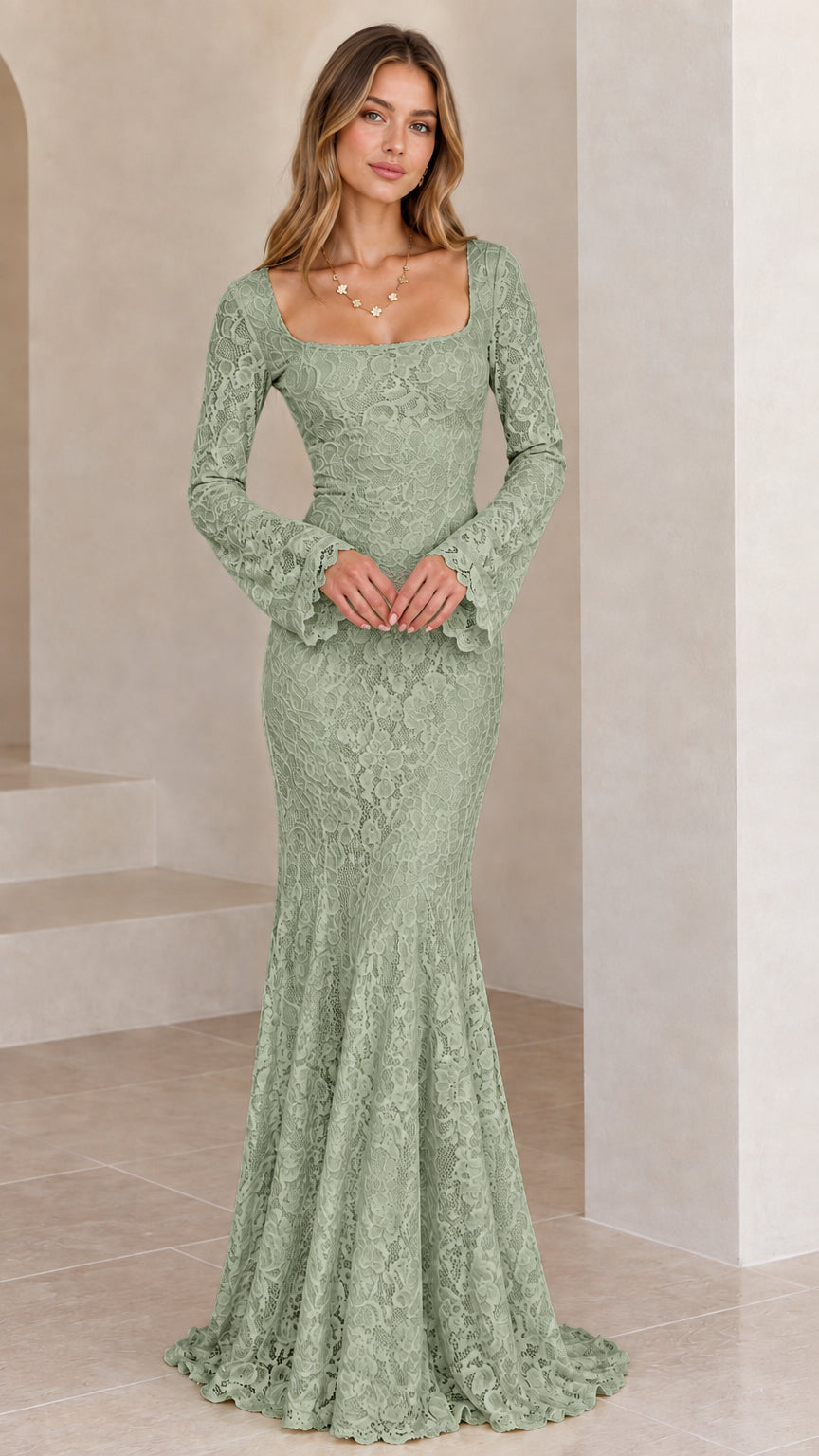 Sage Green long sleeve floral lace mermaid formal gown