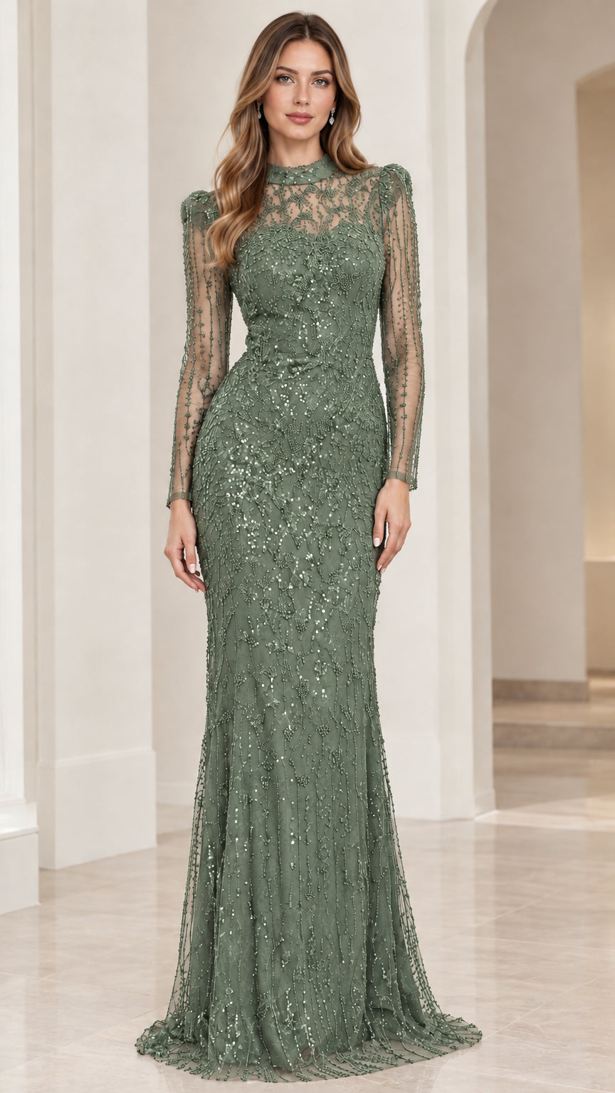Sage green illusion high-neck long-sleeve formal gown
