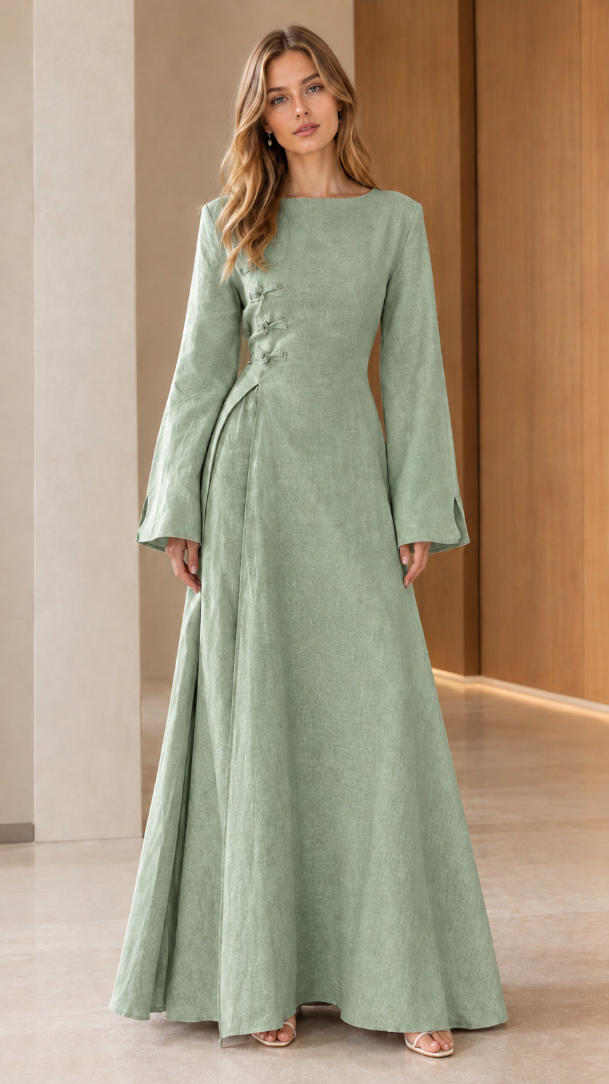Model wearing Sage Green long sleeve A-line maxi dress