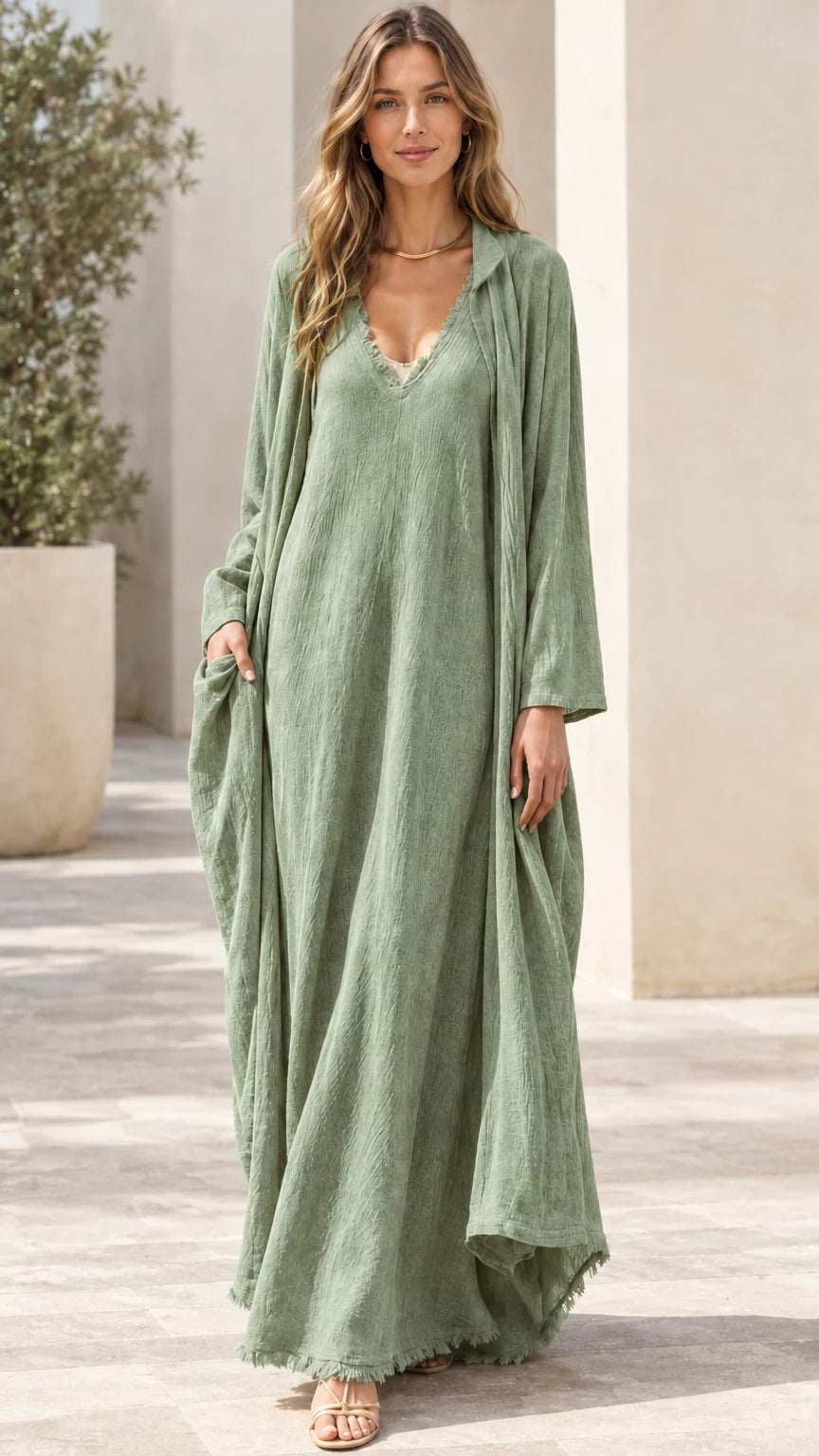 Women's 2-piece crinkle maxi dress and duster set in Sage Green