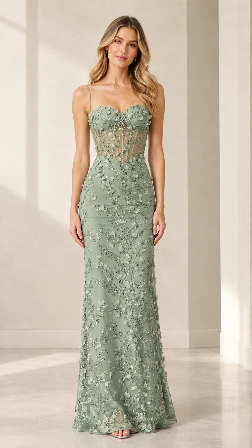 Full-length front view of model wearing Sage Green sheer corset evening gown