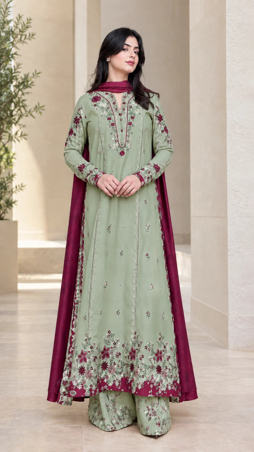 Front full view of sage green floral embroidered 3-piece kurta palazzo suit set with contrast dupatta