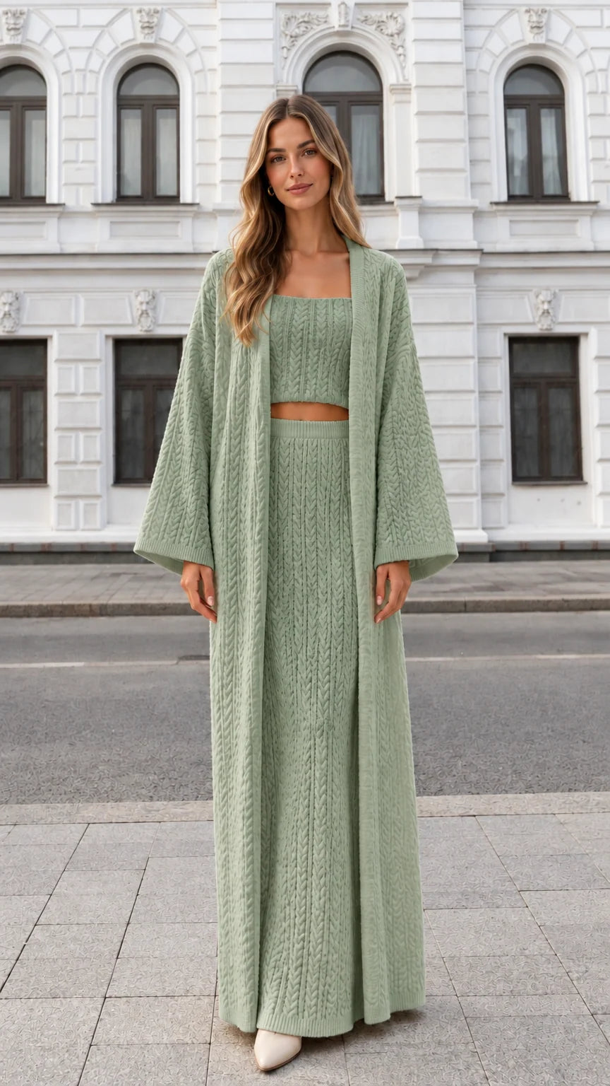 Sage green 3-piece cable knit maxi cardigan, crop top, and skirt set