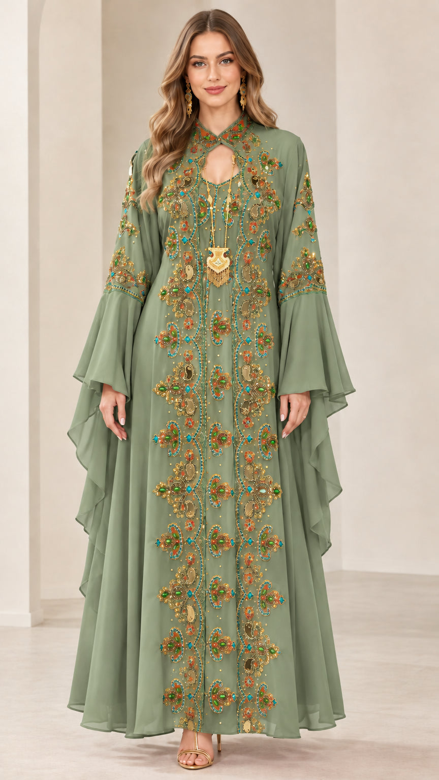 Sage green embroidered kaftan maxi dress front view
