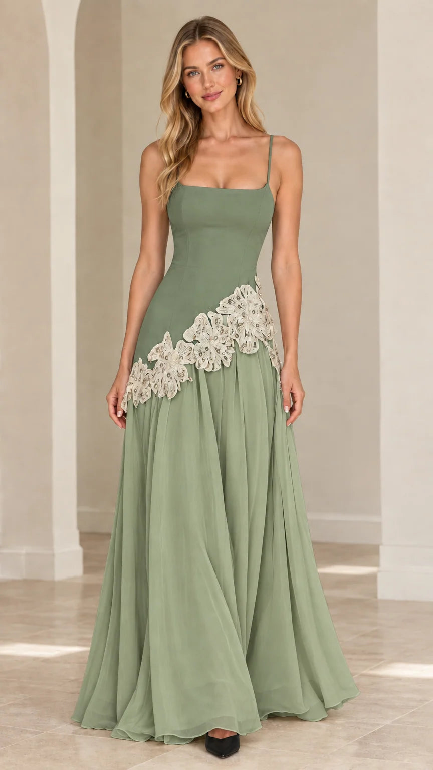 Full-length sage green A-line evening dress with floral appliqué waist trim