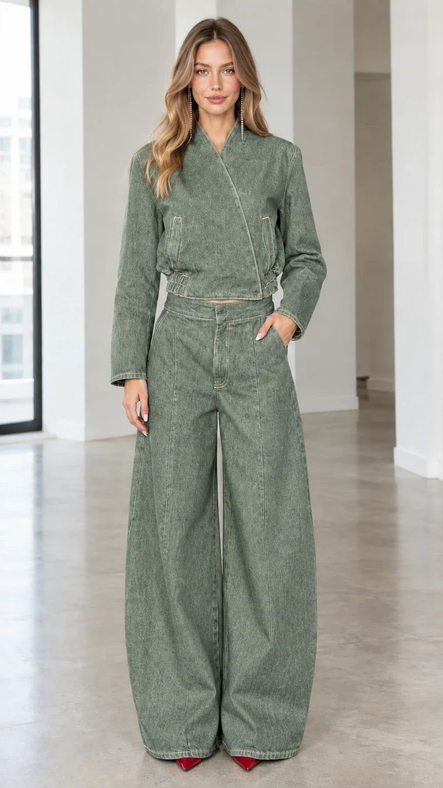Full front view of sage green denim jacket and wide leg trousers two-piece set