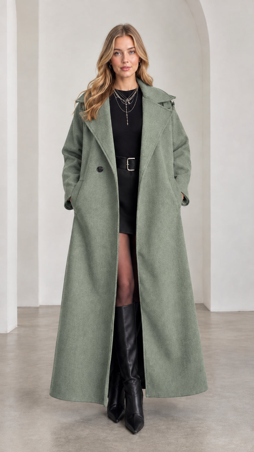 Model wearing sophisticated Sage Green maxi wool-look overcoat