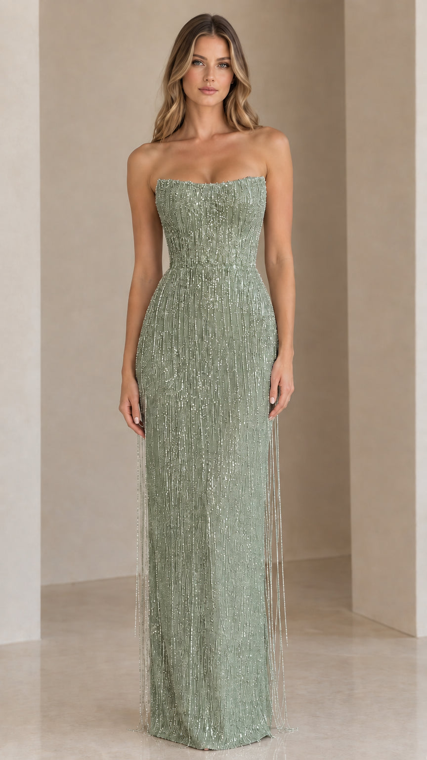 Front view of model wearing a sage green strapless beaded fringe maxi dress