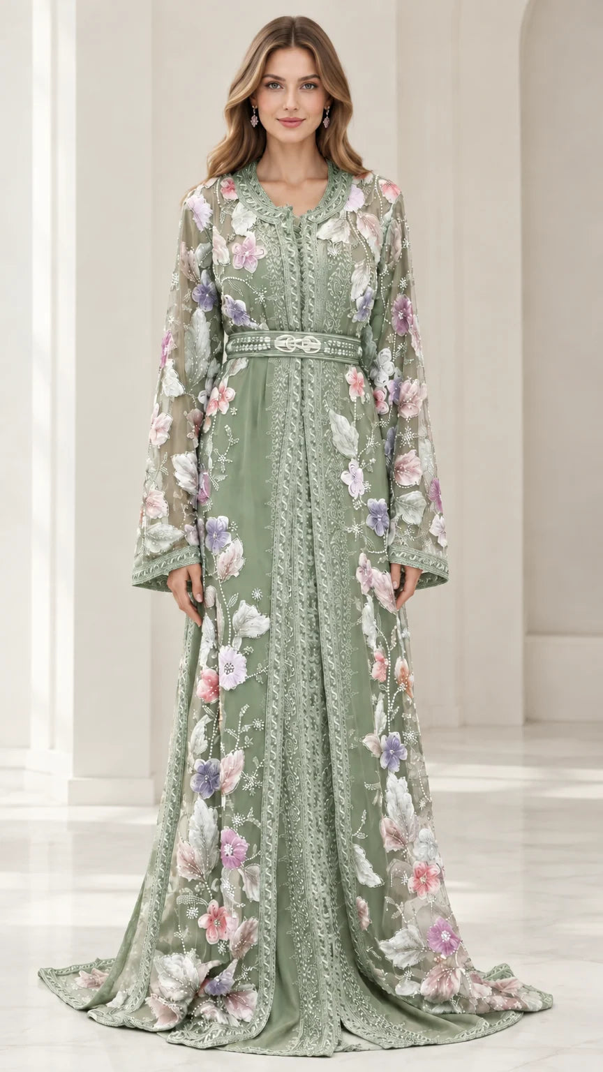 Full-length front view of sage green floral embroidered caftan evening gown with belt