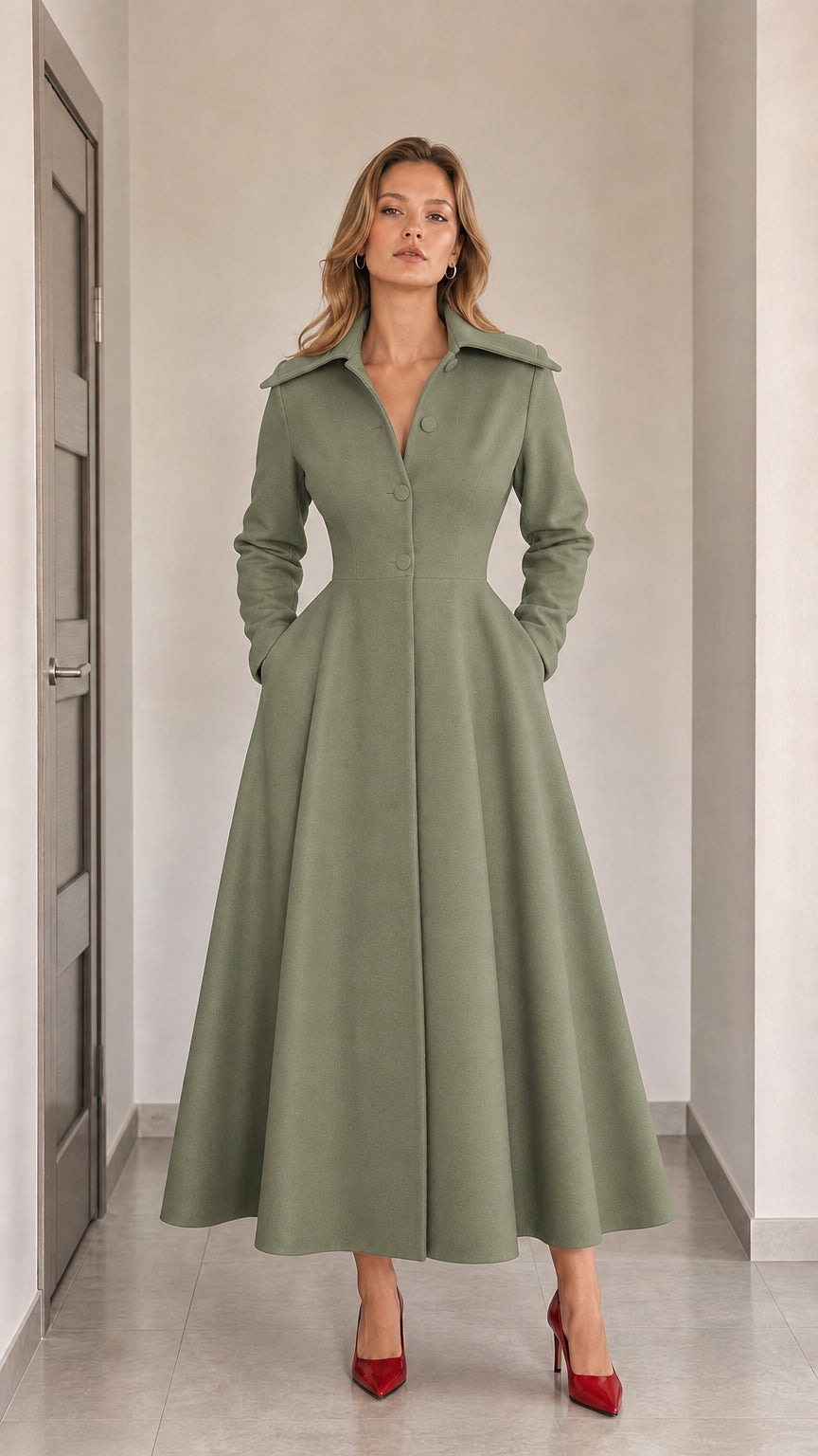 Full-length front view of woman wearing Sage Green vintage corset maxi dress coat