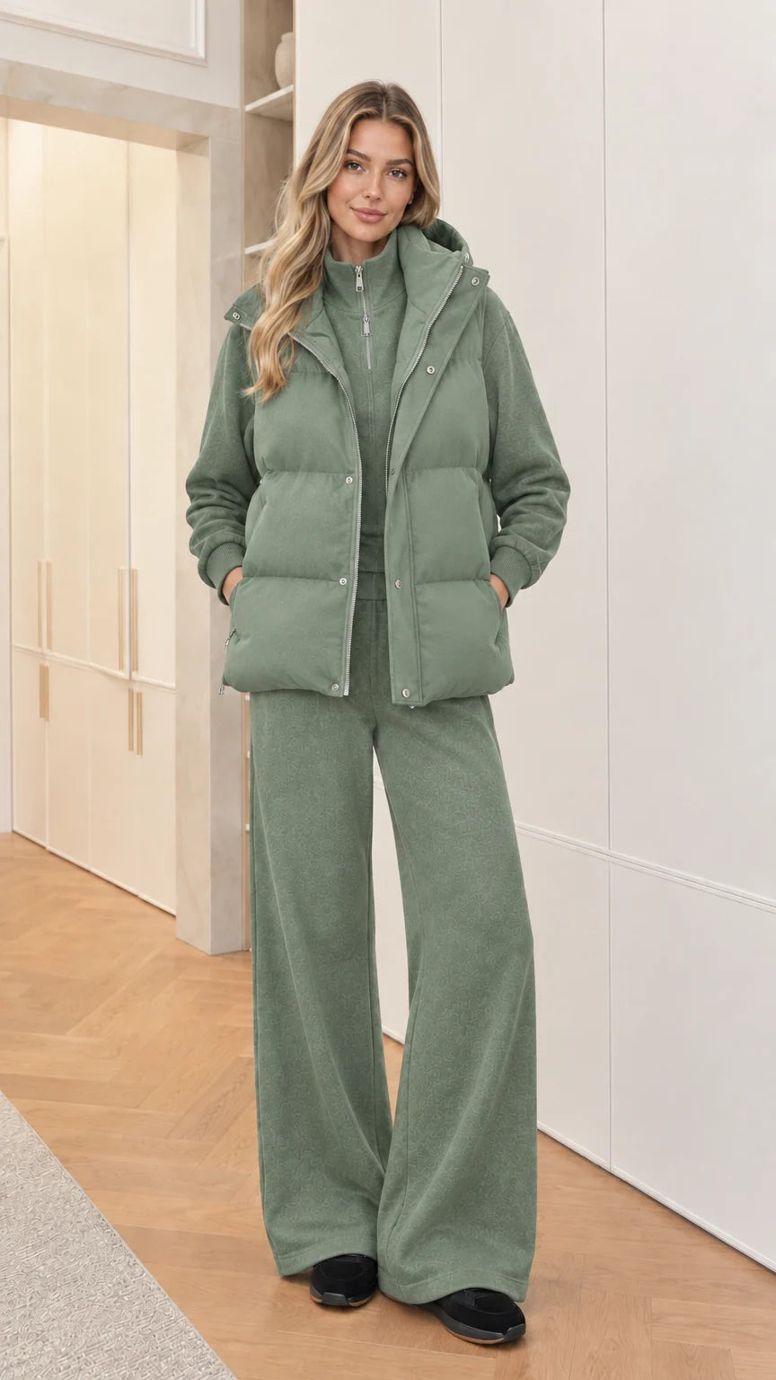 Women's 3-piece hooded puffer vest and lounge set in Sage Green