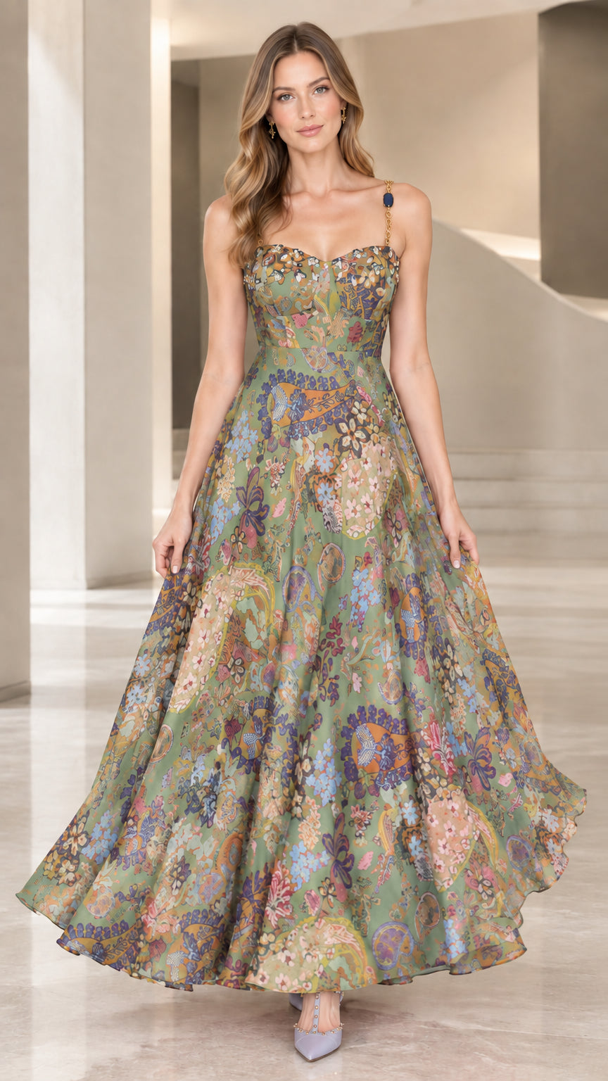 Full-length view of sage green floral sweetheart bustier evening dress