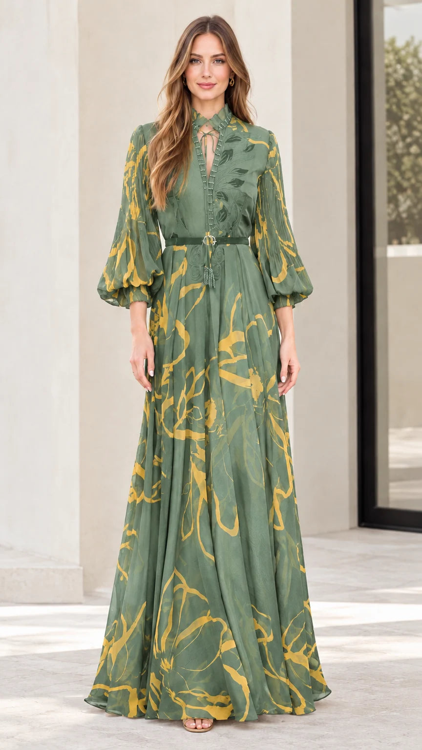 Model wearing sage green abstract print long sleeve formal maxi dress