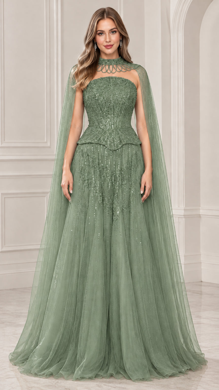 Front view of sage green beaded cape evening gown
