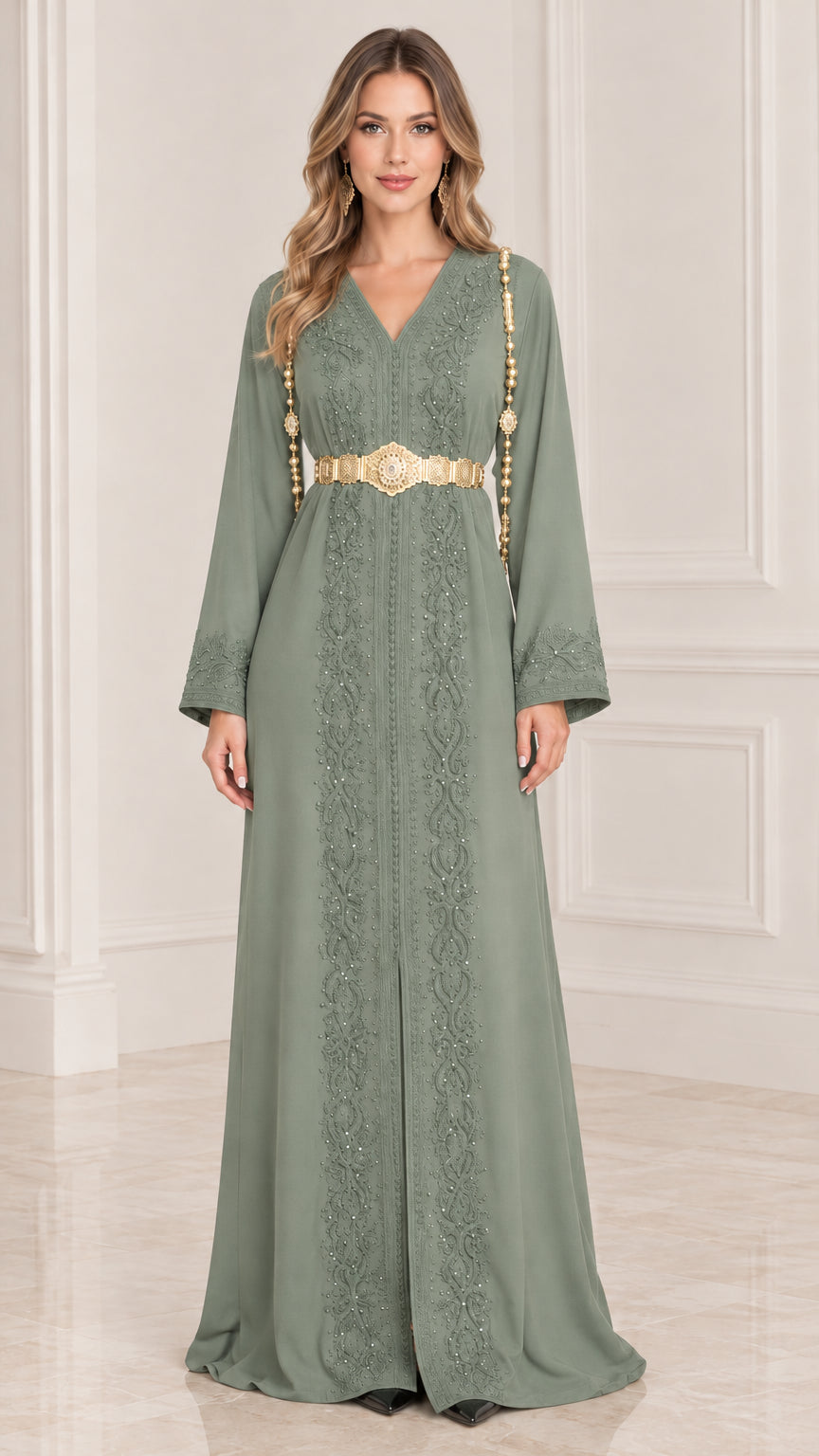 Sage green embroidered V-neck modest evening gown