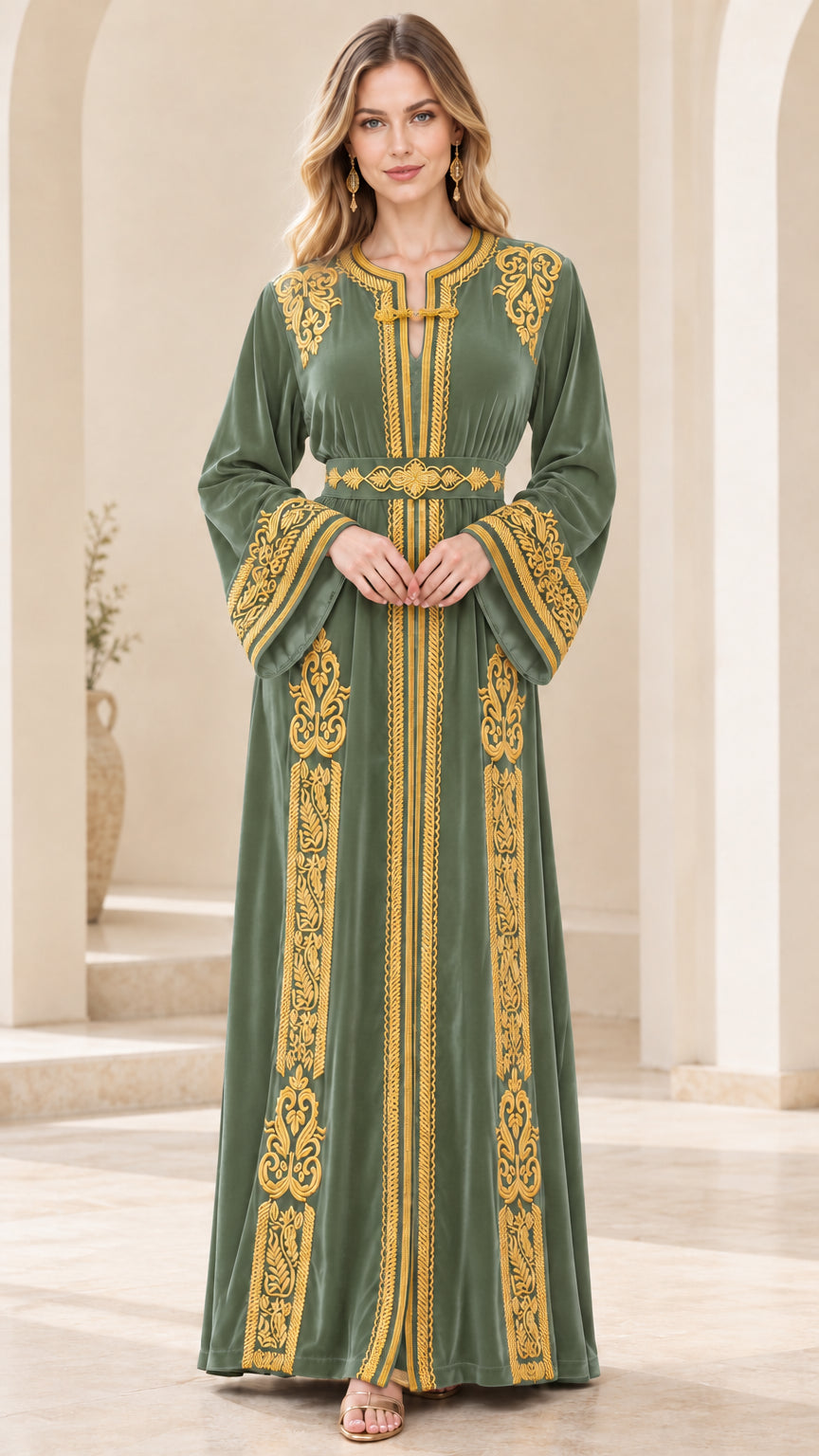Sage Green velvet embroidered Moroccan kaftan maxi dress