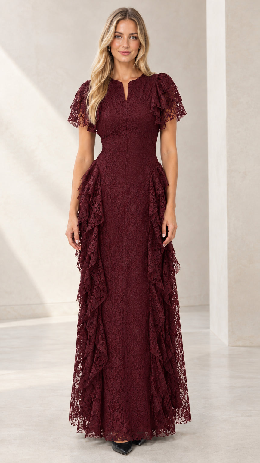 Woman wearing Burgundy wine floral lace flutter sleeve maxi dress