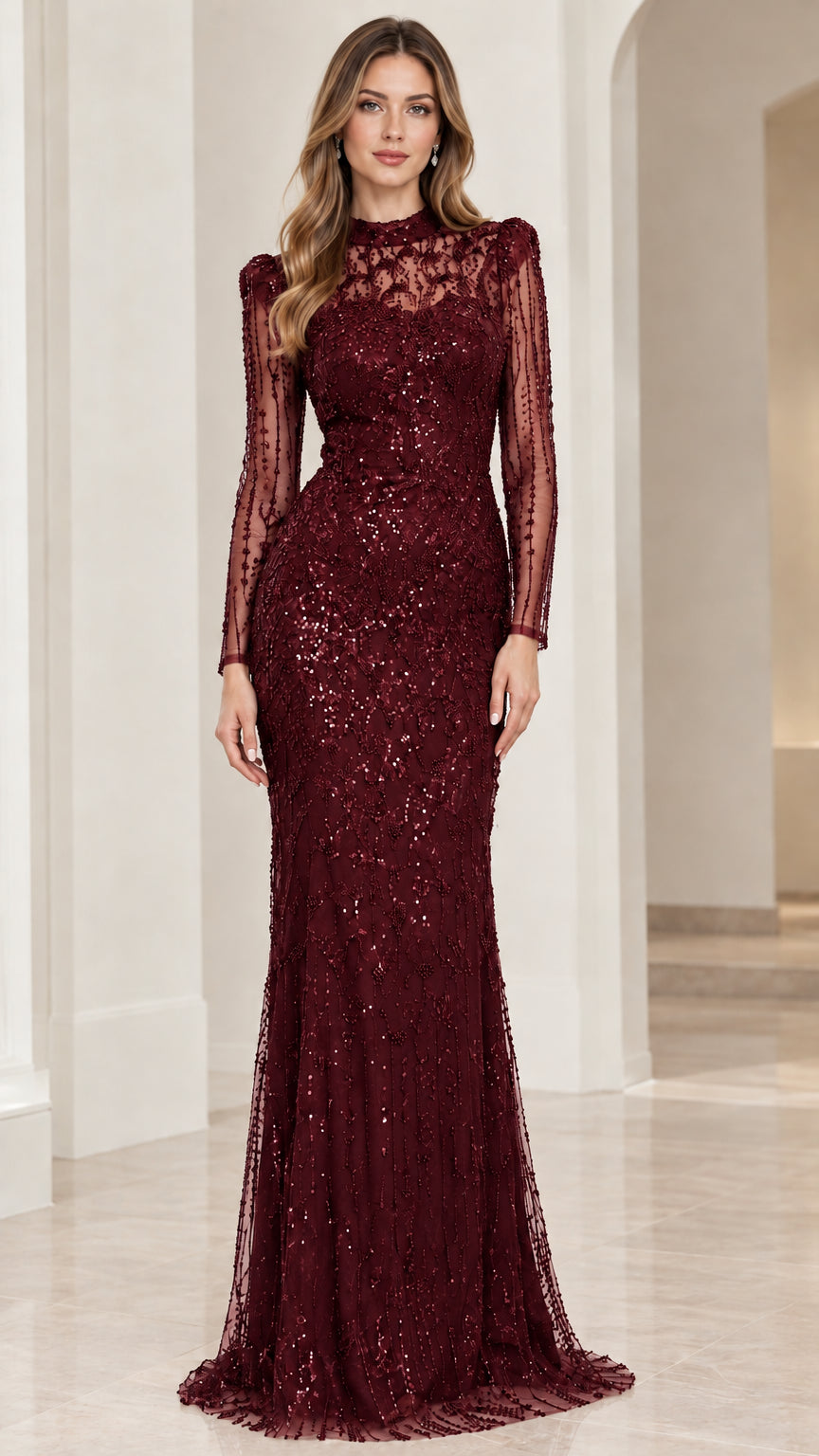 Burgundy sequin long-sleeve floor-length evening dress