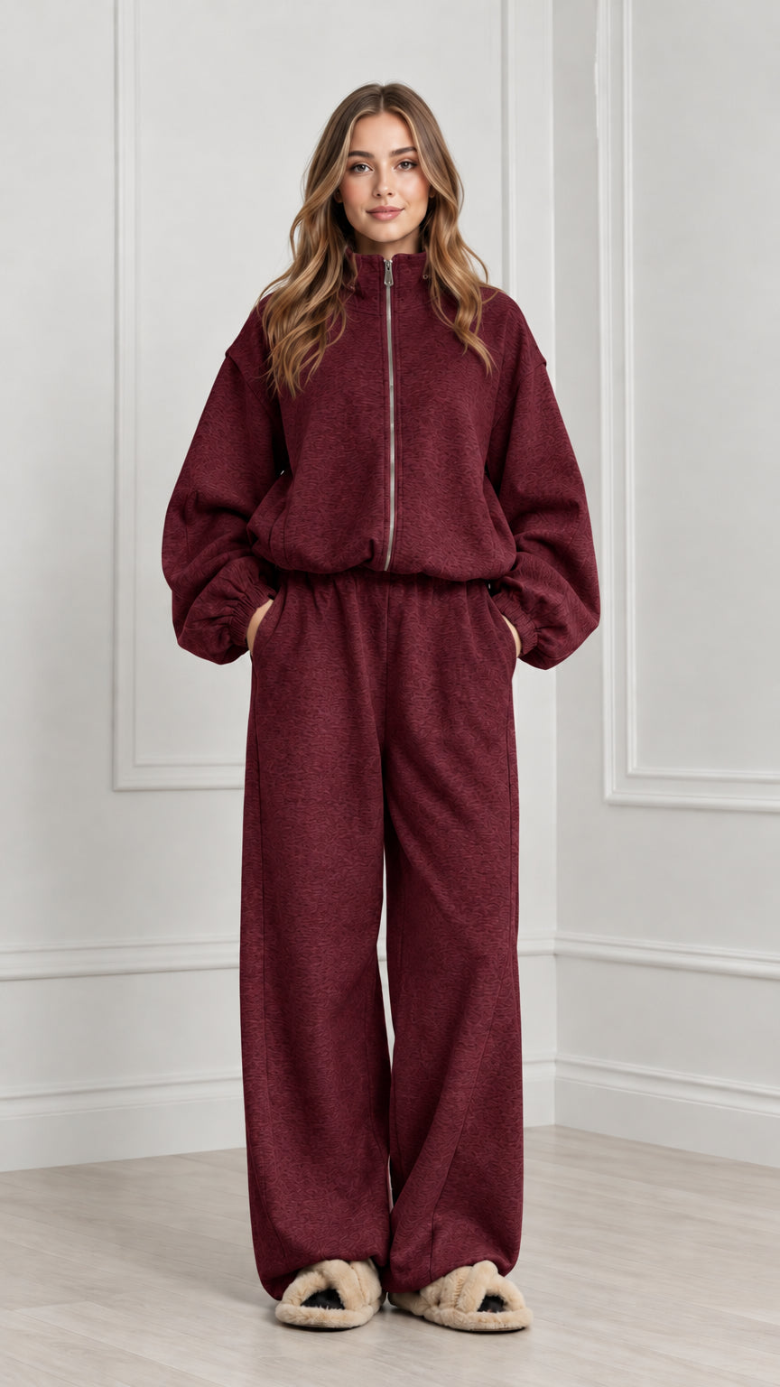 Women's burgundy wine red two-piece fleece tracksuit set
